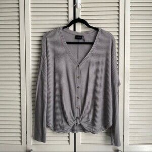 Urban Outfitters Gray Long Sleeve Waffle Knit Button Down Tie Top